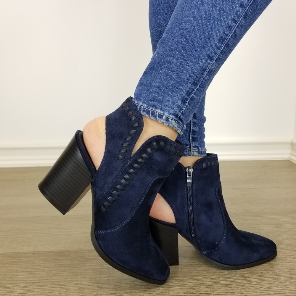 Pointy Toe Navy  Suede Ankle Boots With Sling Back - Picture 7 of 8